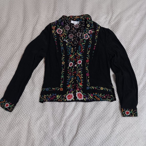 Vintage Dorothy Schoelen Breeze  Floral Embroidery‎ Print Artsy Button Up Top L - Picture 1 of 11